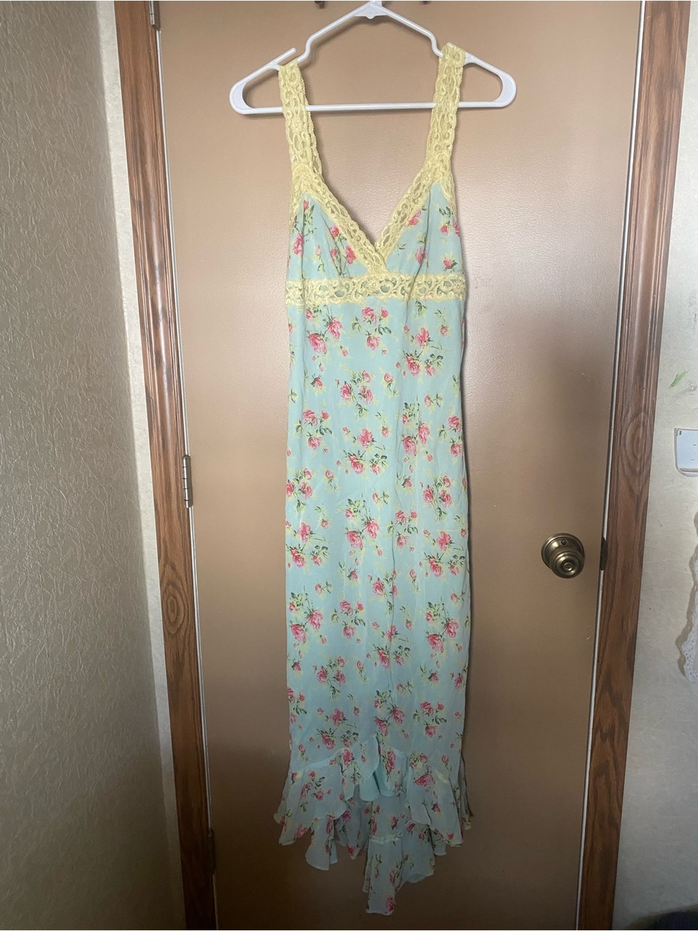 Betsey Johnson Mint Slip Dress with Yellow Lace Trim